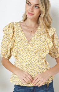 Caroline Yellow or Clay Floral Print Ruffle Detail Top