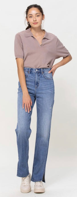 Joselin Medium Blue Denim Straight High-Rise Jean w/ Hem Slit