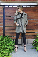 Load image into Gallery viewer, Jazmine Olive Green Hooded  Self Tie Trench Coat