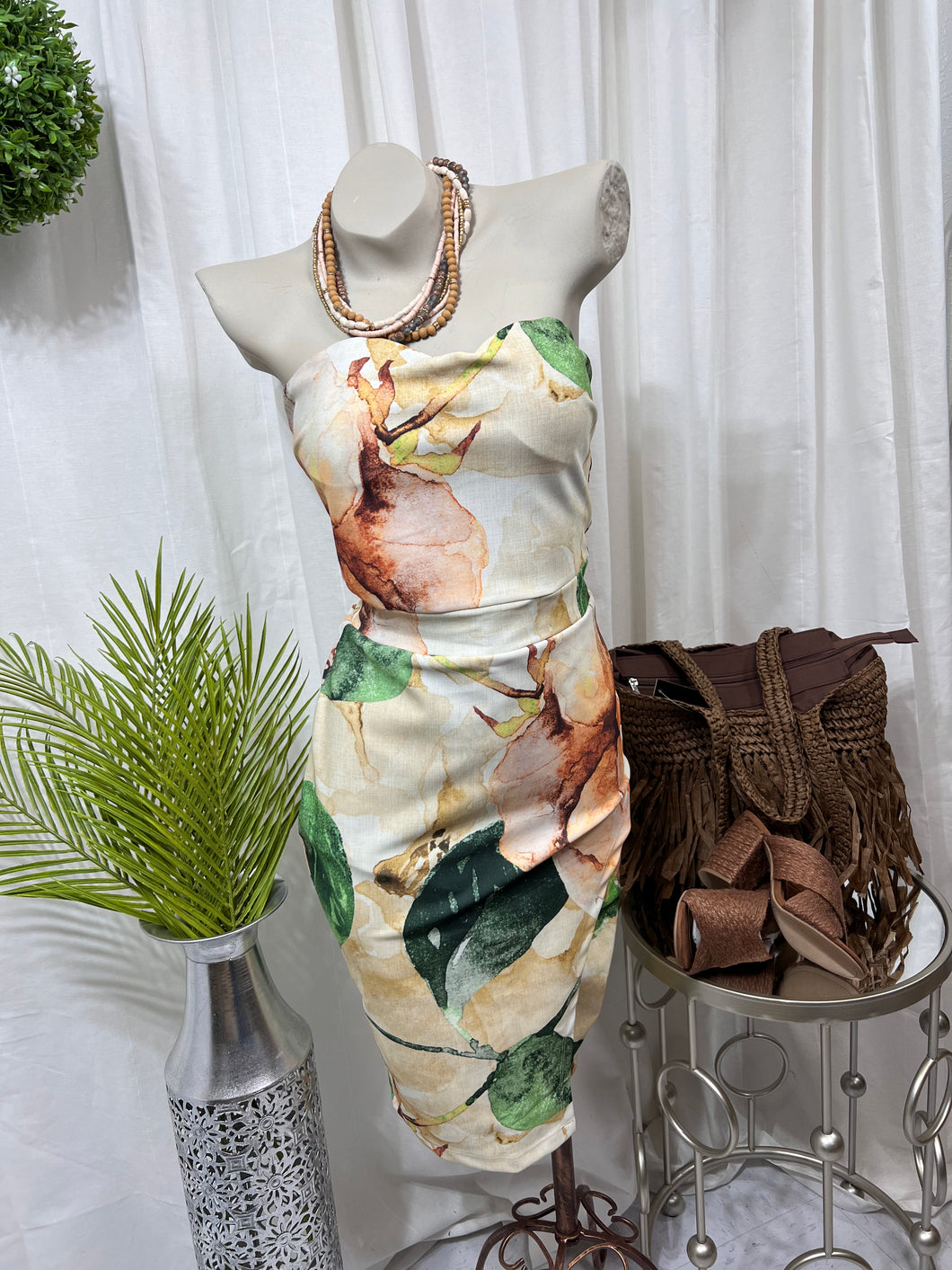 Kenny Yellow/Green Brazilian Tropical Print Tube Dress