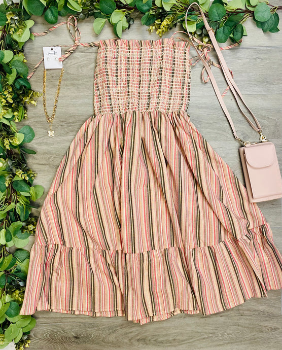 Pink Smocked Strips Tie Dress