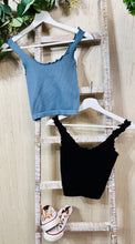 Load image into Gallery viewer, slate Blue or Black One Size Lettuce Edge Hem Crop Tank Top