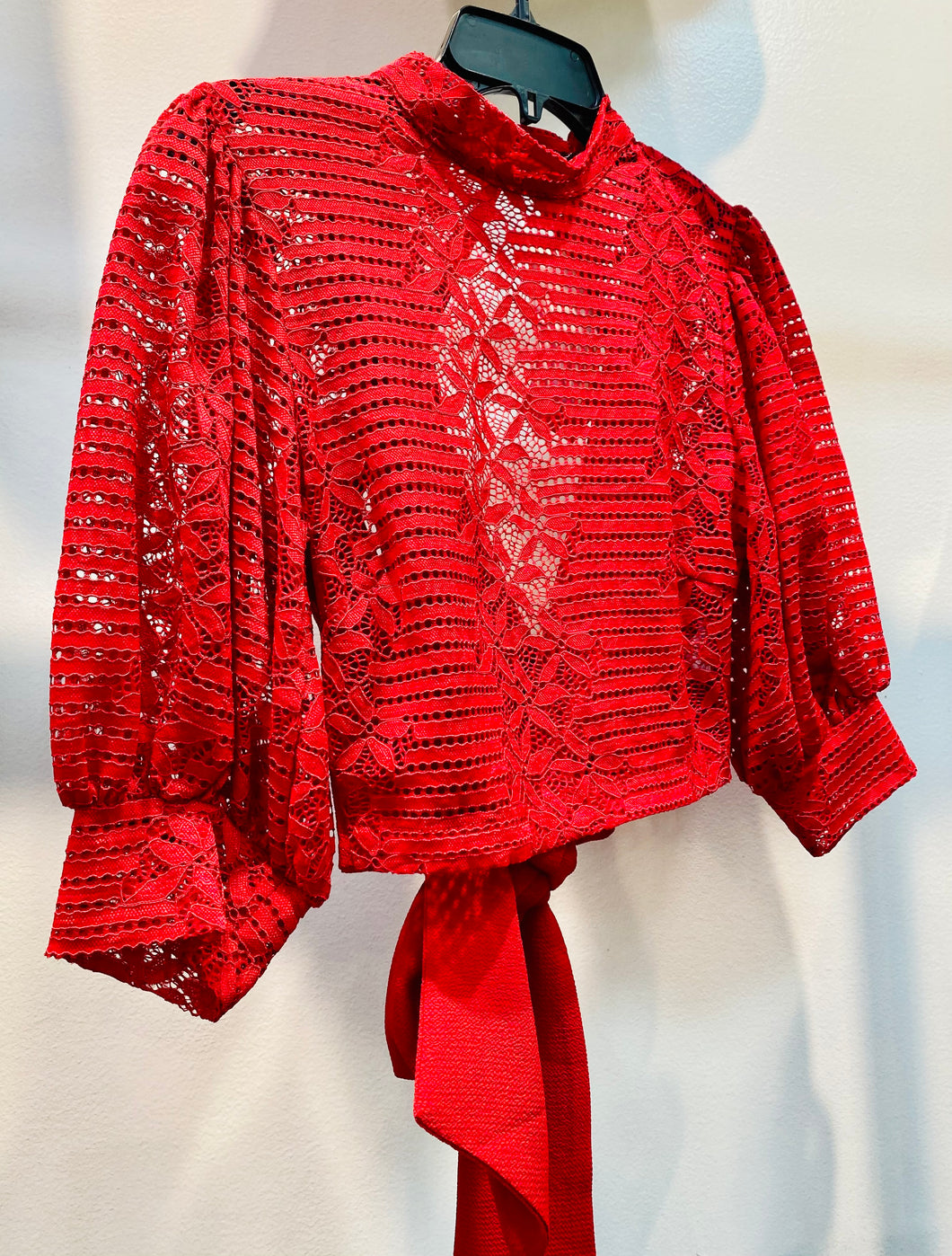*CLEARANCE* Karla Red Lace Puffy Sleeve Open Back Top