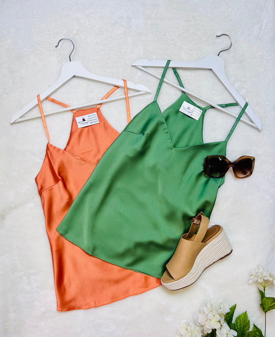 Montserrat Orange or Blissful Green Satin Razor Back Cami-Tank