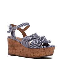 Load image into Gallery viewer, Charlotte White/Navy Striped Front Bow Wedges