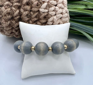 Grey, Natural, Ivory Bamboo Stretchy Beaded Bracelet