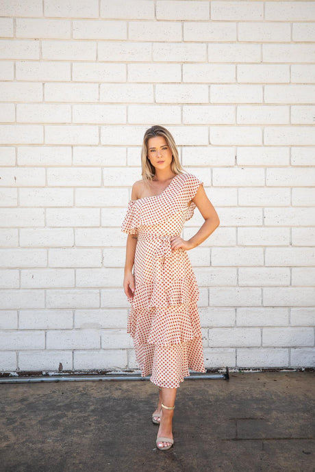 Chelsey Chiffon Polka Dot Ruffled One Shoulder Midi Dress