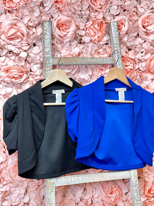 Stacey Black or Royal Blue Bolero Short Elasticized Sleeves