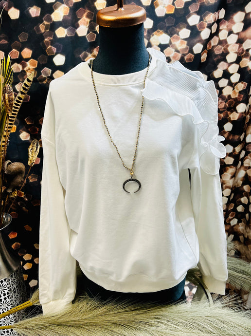 White Long Sleeve Crewneck with Ruffled Mesh Shoulder
