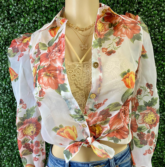 *CLEARANCE* Sasha White Floral Button Up Organza/Sheer Blouse