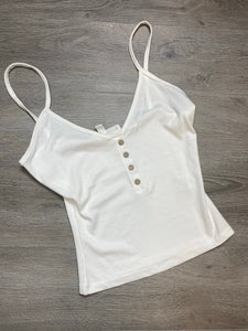 Lola White Simple Ribbed Tank Top with Faux Button Detail