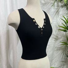 Load image into Gallery viewer, Black, Khaki Ribbed Tank Top with Gold Tone Button Detail