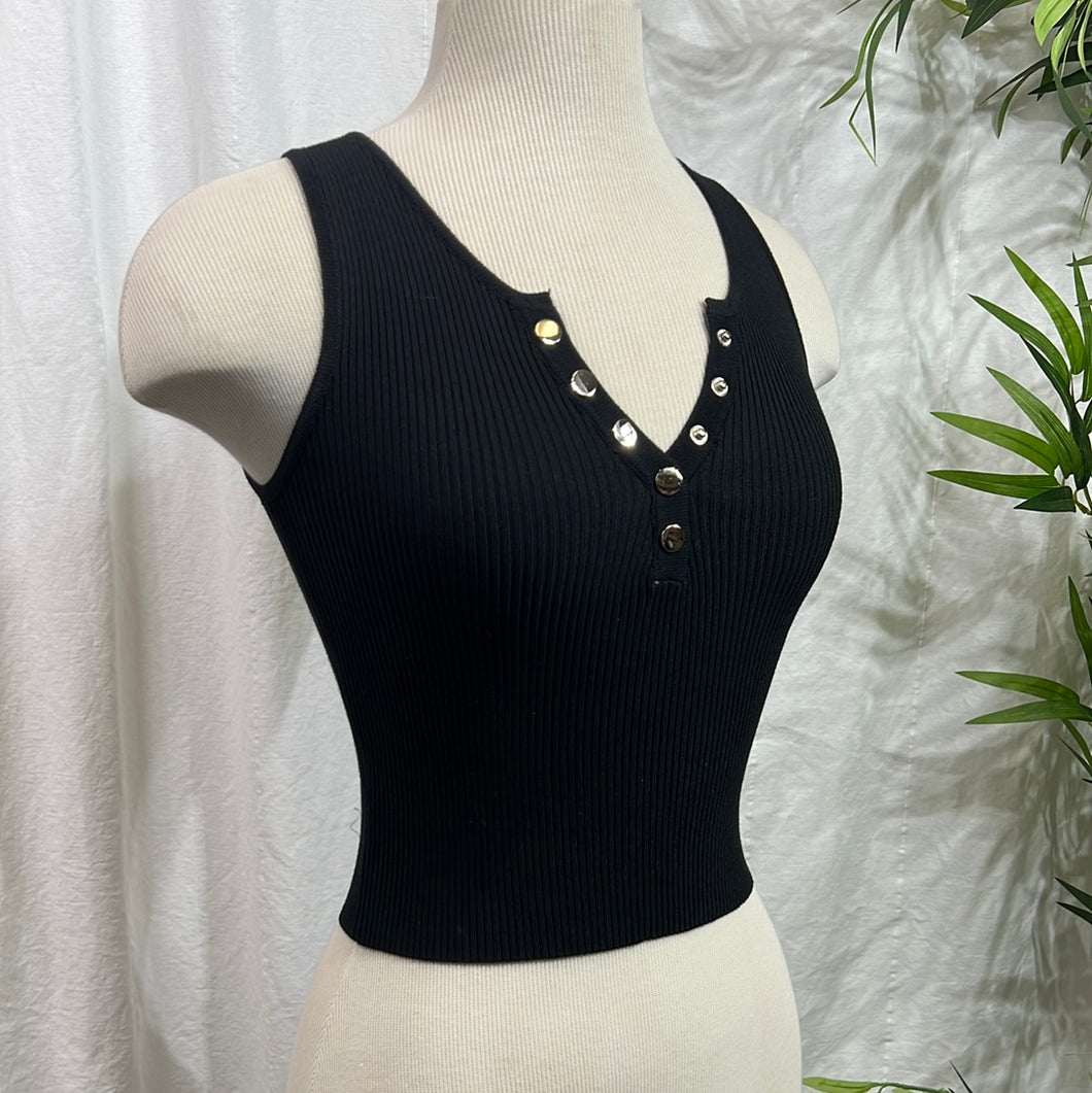 Black, Khaki Ribbed Tank Top with Gold Tone Button Detail