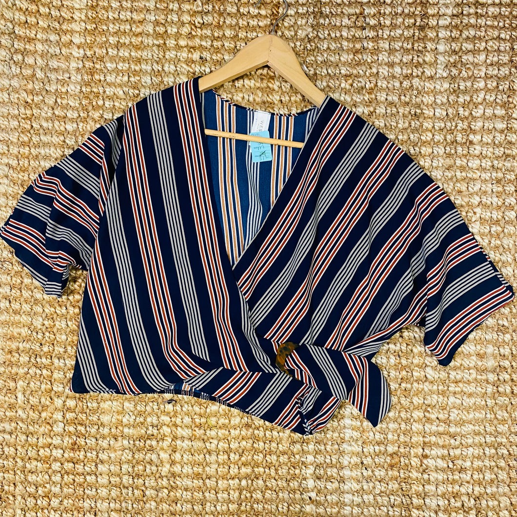 Clearance*** Dark Blue Striped Blouse with Waist Tie
