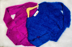 Mabel Fuchsia or Royal Blue Knit One Size Off the Shoulder Stretchy Sweater