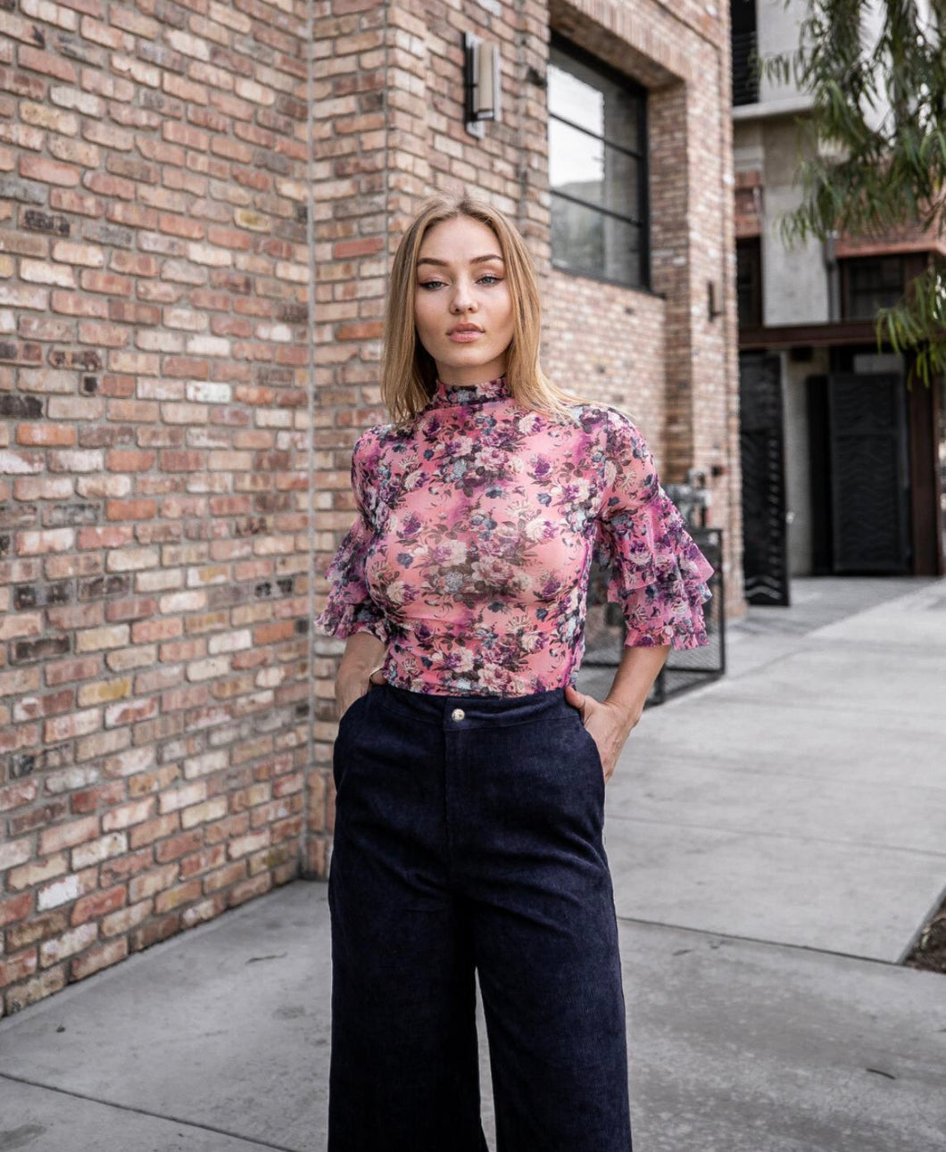 Pink Multicolor Print Ruffled Sleeve Top