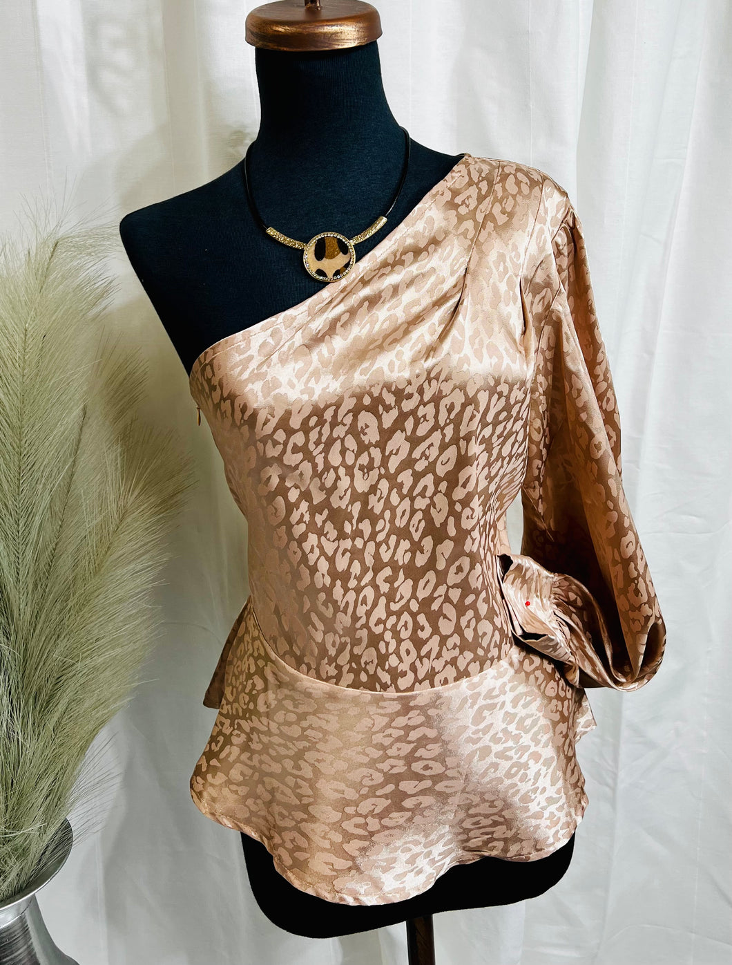 Anny Champagne or Wine One Shoulder Satin Animal Print Top