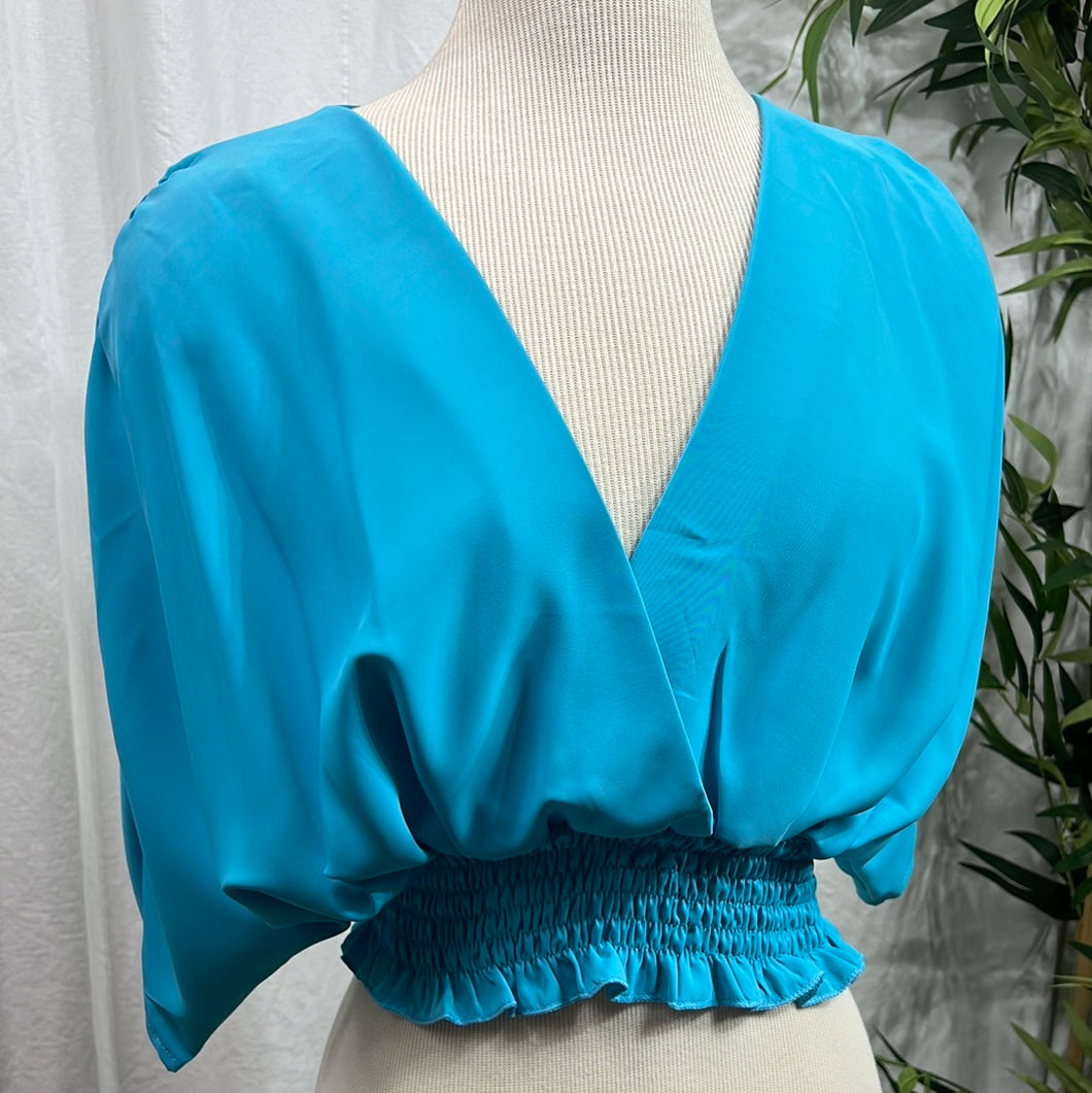 Perla Ivory or Teal Solid Cross Over V-Neck Short Dolman Sleeve Crop Top