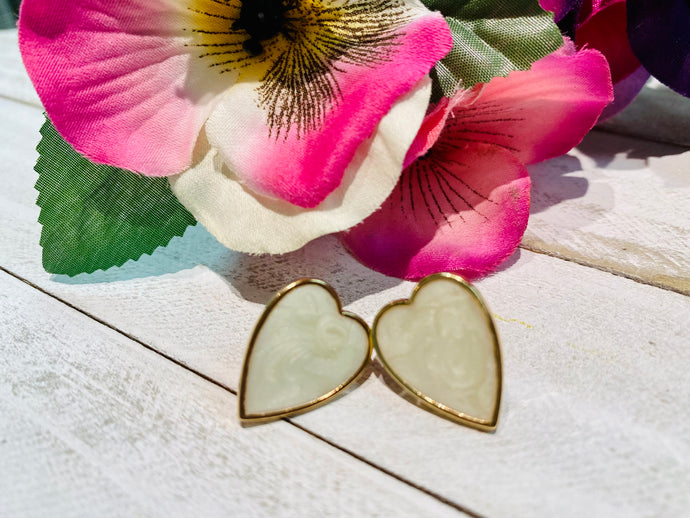 Light Sage Gold Trim Heart Shape Post Back Earrings