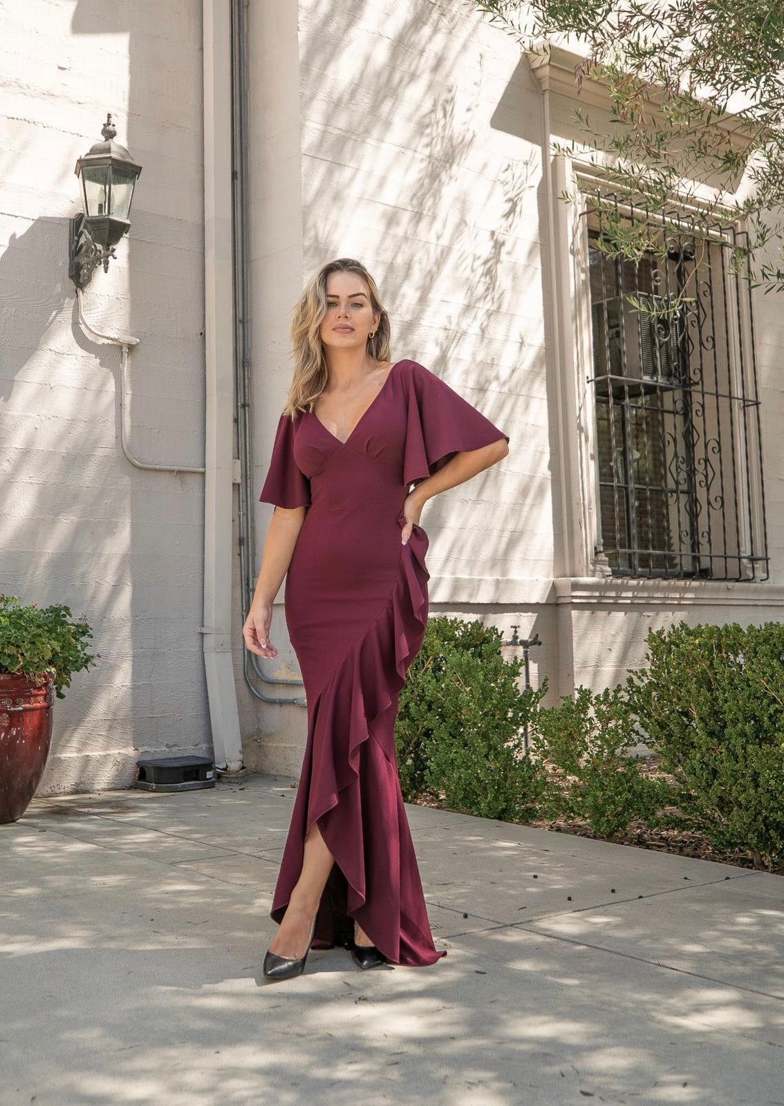 maroon maxi dress with sleeves Burgundy Long Sleeve Ruffle Maxi Dress
