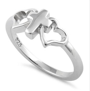 925 Sterling Silver Hearts Cross Ring