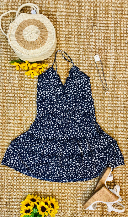 Navy Floral Print Adjustable Strap Dress