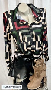 Multiclor Long Sleeve Geometric Print Blouse