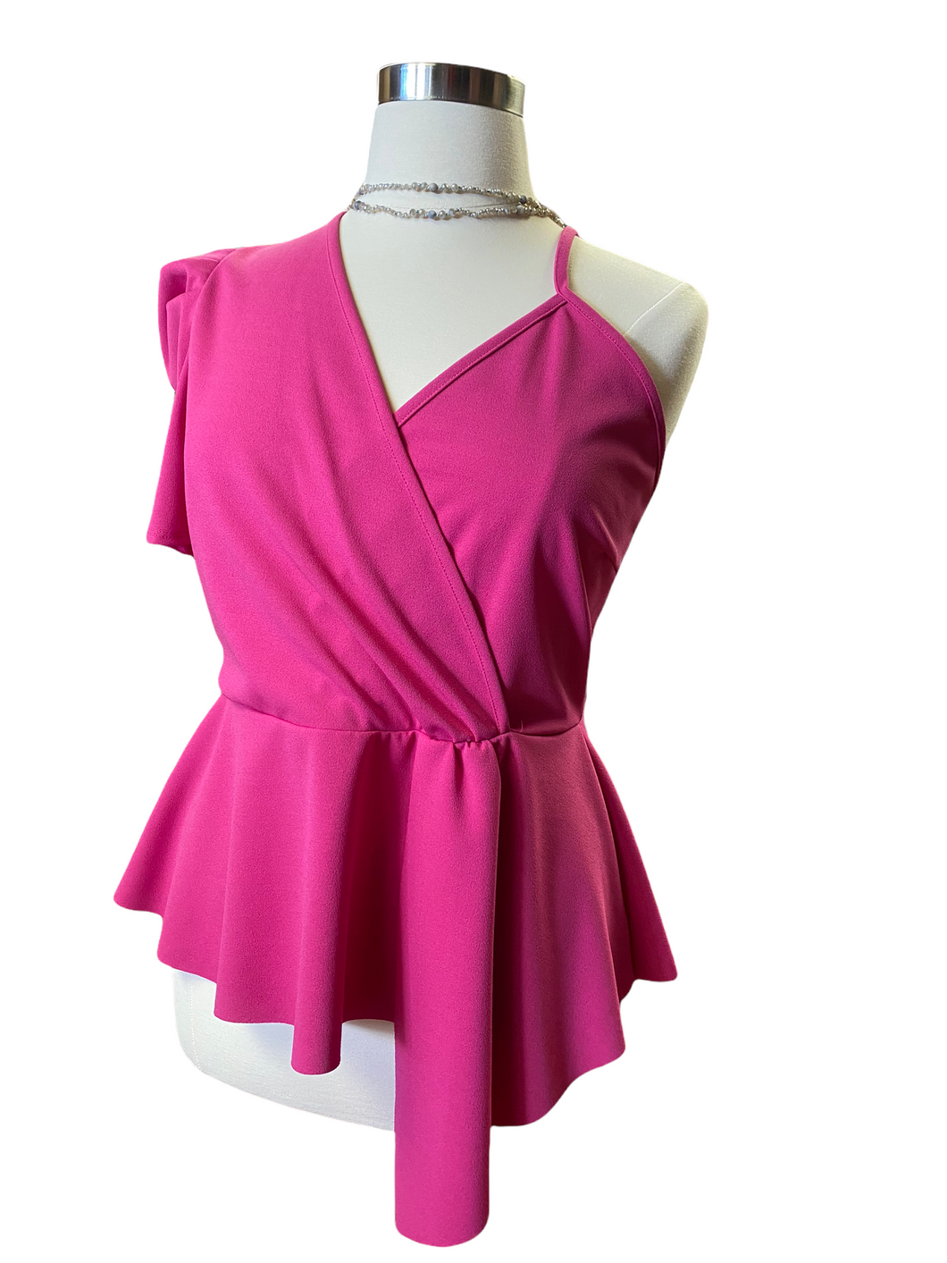 PLUS Hot Pink One Shoulder Puffy Sleeve Twist Top