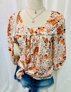 Rust Missy Square Neck Floral Gathered Detail Top