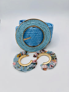 Danielle Sky Blue Burlap/Stretchy Straw with Gold Buckle Detail
