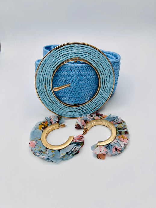 Danielle Sky Blue Burlap/Stretchy Straw with Gold Buckle Detail