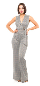 Julie Checkered V Neck Belted Stretchy Jumpsuit