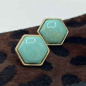 Yellow, Teal, Grey Pentagon, Marbleized Small Stud Gold Dipped Earrings