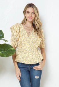 Caroline Yellow or Clay Floral Print Ruffle Detail Top