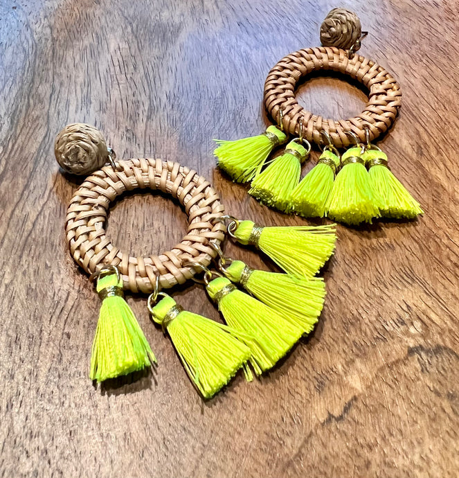 Jaime Tan/Neon Yellow Raffia Tassel Dangle Earrings