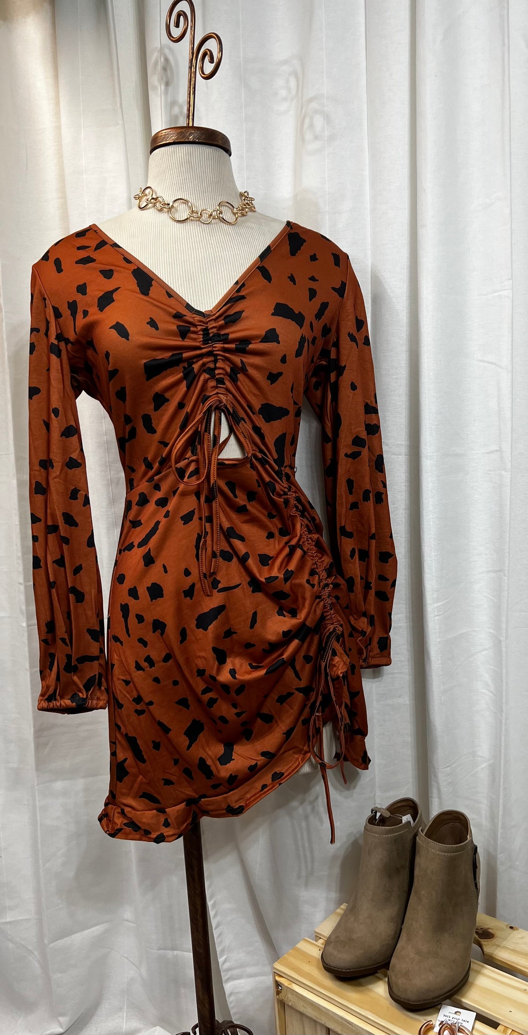 Bianca Rust/Black V Neck Loose Fit Rushing Dress