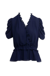 Lucia Deep Navy Pleated Ruffle Shirred Peplum Blouse