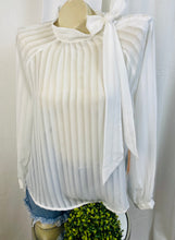 Load image into Gallery viewer, *CLEARANCE* Olivia White Long Sleeve Woven Shadow Striped Side Bow top