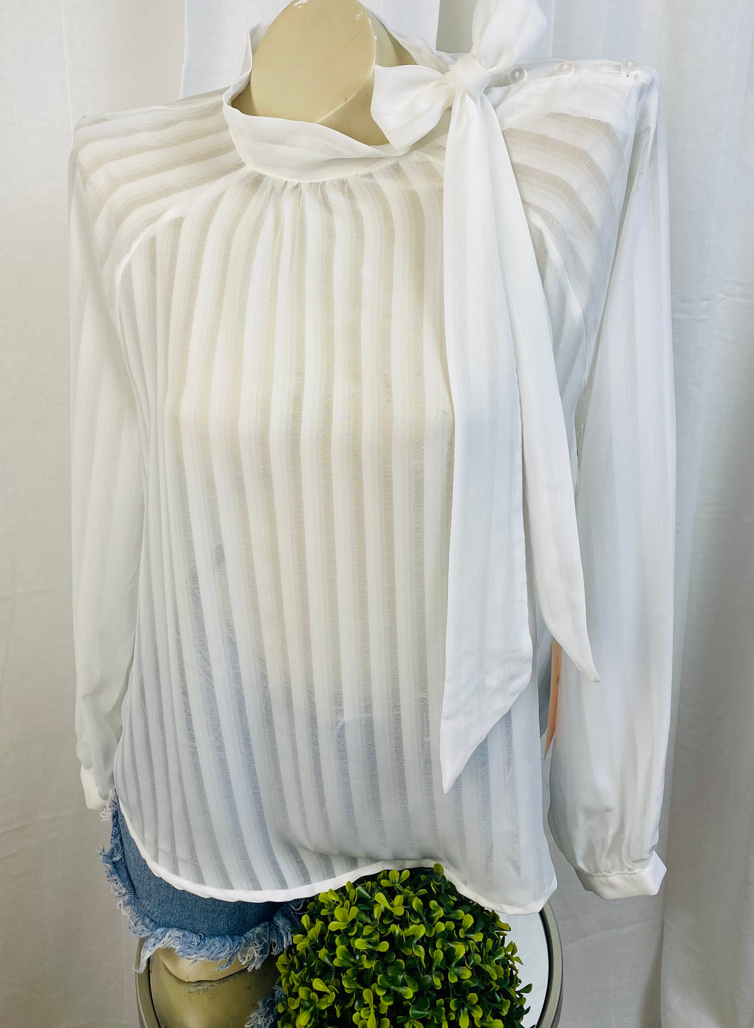 *CLEARANCE* Olivia White Long Sleeve Woven Shadow Striped Side Bow top