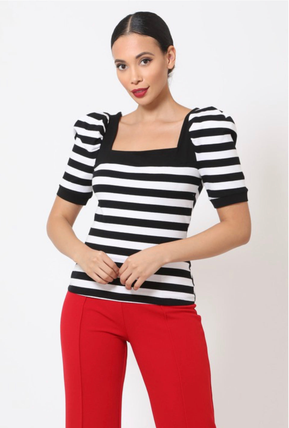 *CLEARANCE* Jessa  Black/White Stripes Square Neckline Stretchy Top