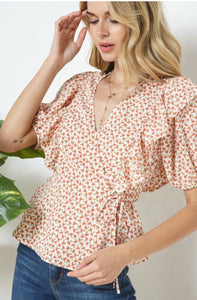 Caroline Yellow or Clay Floral Print Ruffle Detail Top