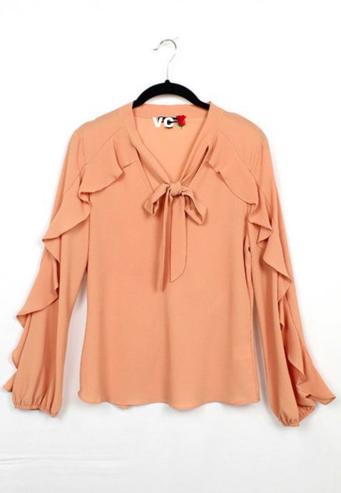 Heather Dark Salmon Ruffled Long Sleeve Top