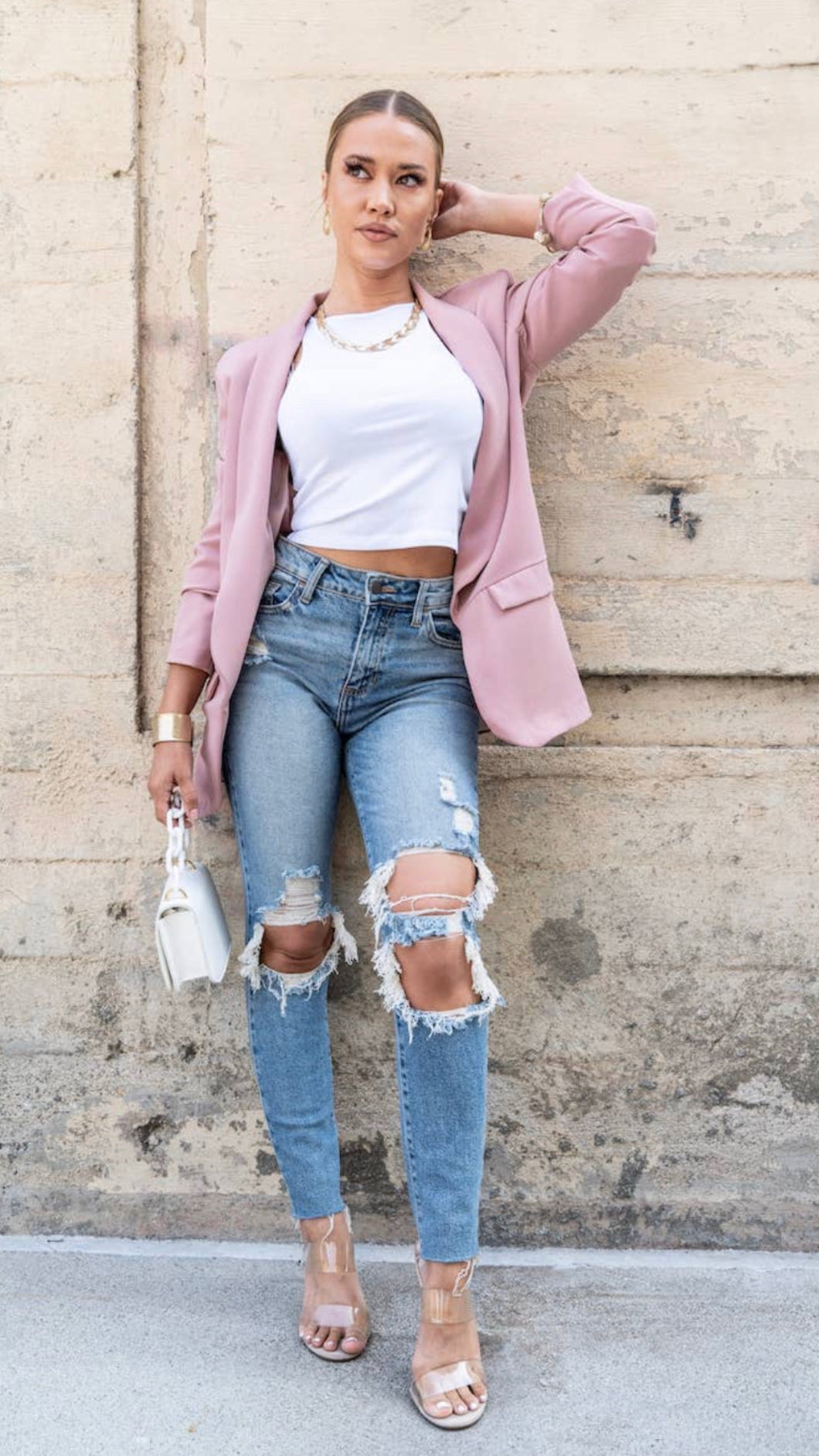 Three Quarter Pink Ruched Sleeve Blazer