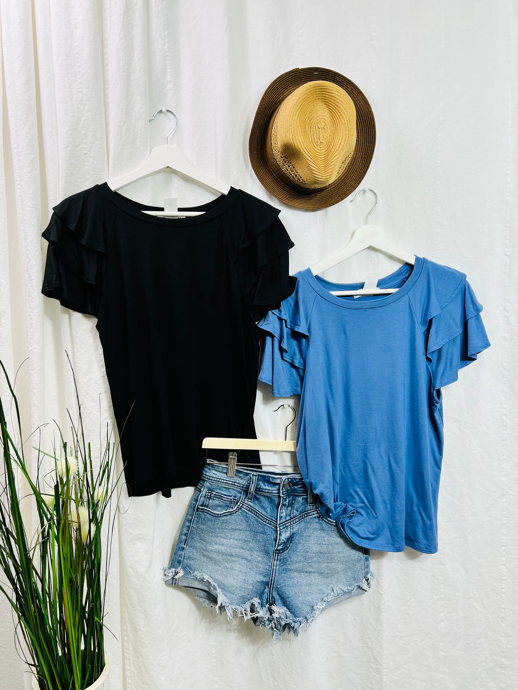 *CLEARANCE* Sassy Casual Days in these Denim tone or Black Casual Round Neck Short Flutter Sleeves Top