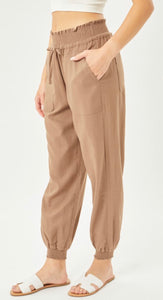 Celia Camel Linen Blend Smocked Waist Pants