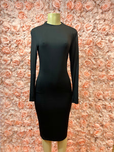 Annya Black Long Sleeve High Round Neck Stretchy Dress