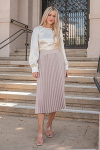 Mocha Jacquard Satin Pleated Midi Skirt