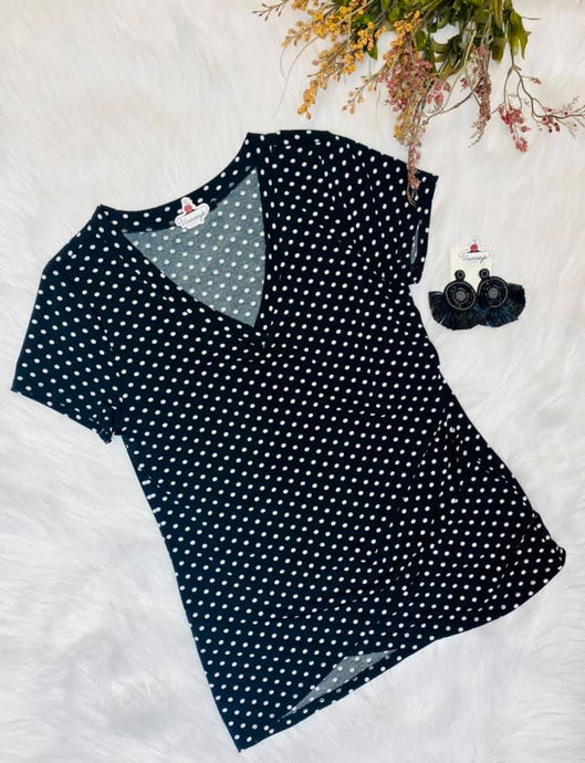 Clearance** Black White Polka Dots Side Ruched Waist Top