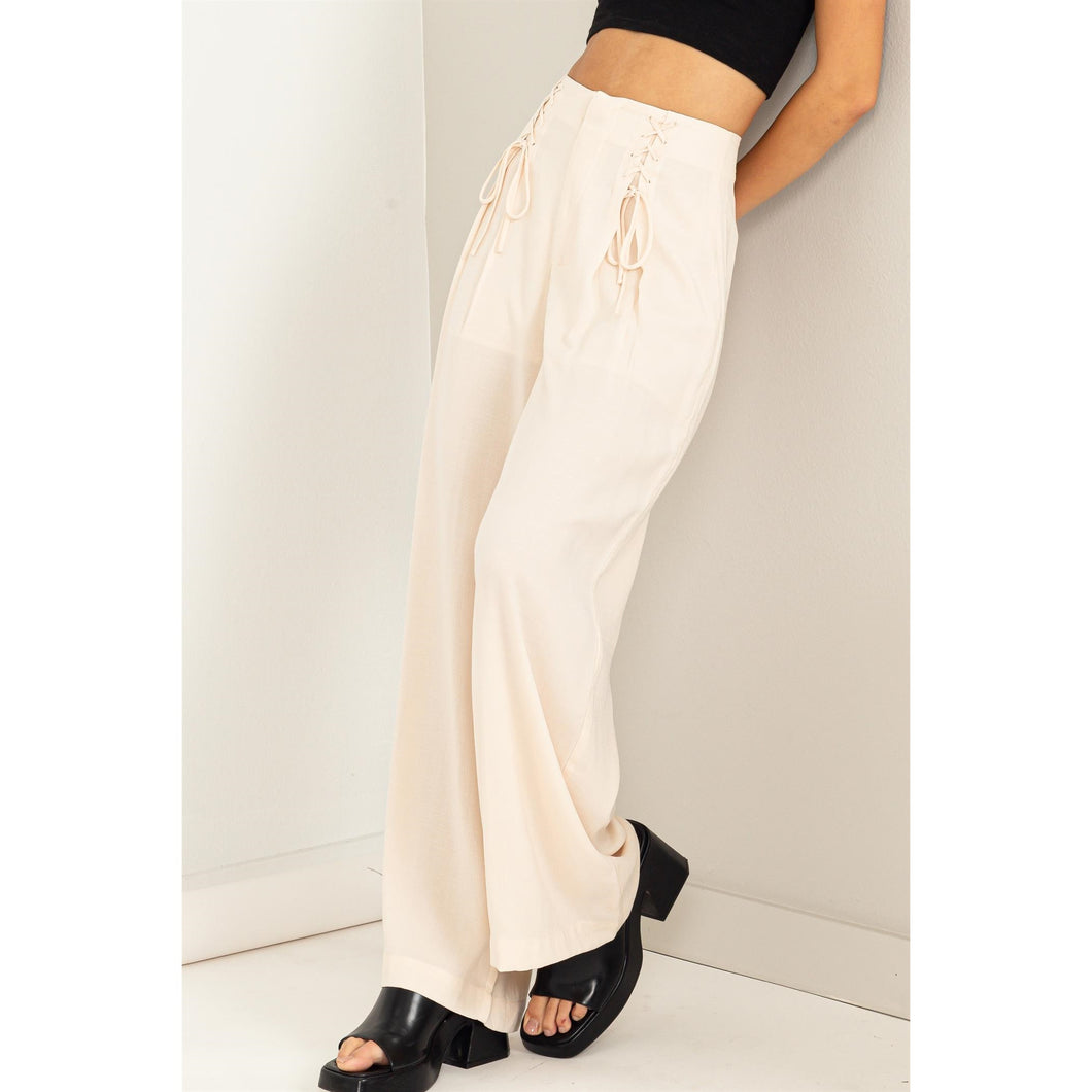 Ivanka Ivory High Rise Lace-Up Detail Wide Leg Pants